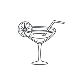 Alcoholic cocktail with lemon and straw outline icon. Simple linear sketch vector illustration