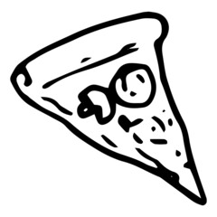 the icon of a triangular slice of pizza. a drawing of a slice of pizza with mushrooms, hand-drawn in the style of a doodle with a black isolated outline, is often placed on white for a design template