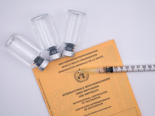 International certification of vaccination with containers of vaccine, syringe and white background
