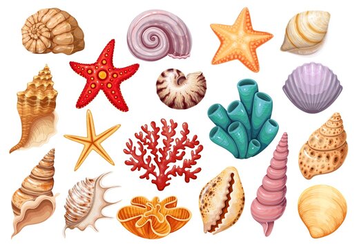 Seashells icons set. Various mollusk seashells different forms, starfish, coral. Underwater flora, sea plants vector illustration.