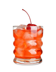 Glass of Manhattan cocktail with cherry and ice on white background