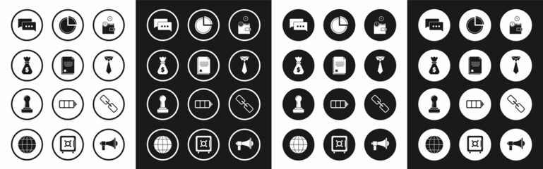 Set Wallet with coins, File document, Money bag, Speech bubble chat, Tie, Pie chart infographic, Chain link and Stamp icon. Vector