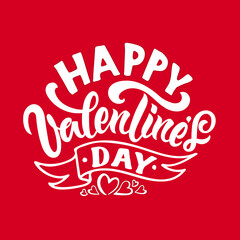 Happy Valentine's Day handwritten text on red background. Colorful vector illustration. Modern brush ink calligraphy and hearts. Hand lettering for postcard, logo, poster, print