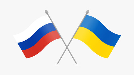 Russia and Ukraine Flag with Metal Pole Isolated on White Background. Editable Flat Vector Illustration.