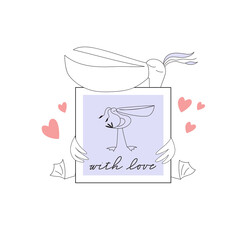 Pelican in love with a picture of his girlfriend. Vector hand-drawn illustration for prints and cards about love, romance, wedding, Valentine's Day.