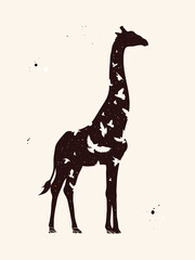 Giraffe and flying birds. Abstract animal silhouette. Night starry sky