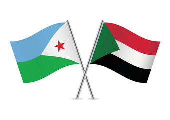 Djibouti and Sudan flags. The Republic of Djibouti and Sudanese flags, isolated on white background. Vector illustration.