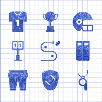 Set Planning Strategy Concept, Whistle, Locker Or Changing Room For Football, Basketball Team Or Workers, Shorts, Sport Mechanical Scoreboard Result Display, Helmet And Jersey Icon. Vector