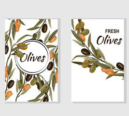 Olive backgrounds, banners or cards set of templates. Banners with olive branches and leaves for labels and badges mockups for olive based food, oil and cosmetics, hand drawn vector illustration.