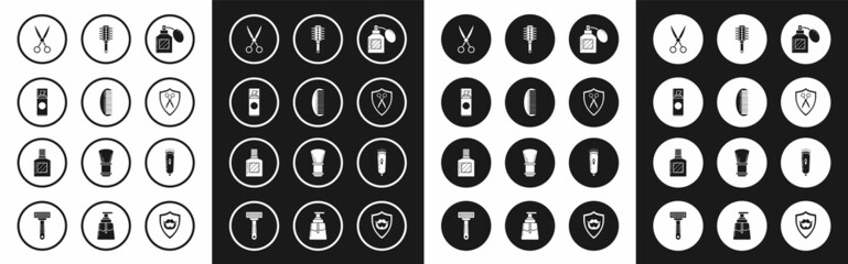 Set Aftershave, Hairbrush, Shaving gel foam, Scissors hairdresser, and shield, Electrical clipper shaver and icon. Vector