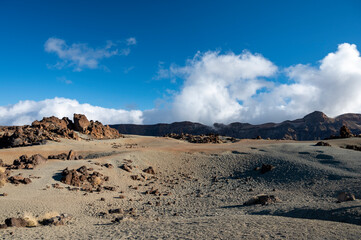 Visiting Teide national park on Tenerife and view on volcanic landscapes, Canary islands, Spain