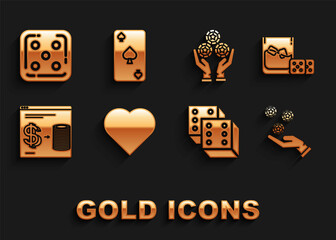 Set Playing card with heart symbol, Game dice and glass of whiskey ice cubes, Hand holding casino chips, Online exchange on stacks dollars, and spades icon. Vector