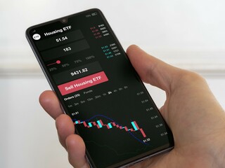 Stock exchange market chart etf, Stock market data on smartphone. Business analysis of an housing ETF	