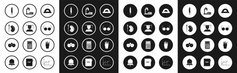 Set Protractor grid for measuring degrees, Graduate and graduation cap, Paint brush with palette, Pen, Glasses, Microscope, Pencil case stationery and Ringing alarm bell icon. Vector