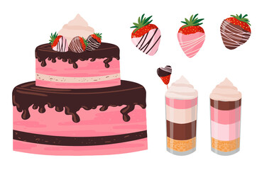 Set of chocolate strawberries, cupcakes, delicious. Strawberry, cream cake, dessert in glasses, berry candy on stick in the shape of a heart. Vector flat illustration on an isolated white background.