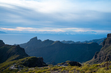 Fototapeta na wymiar Mountains range in Rural de Teno park near isolated village Masca on Tenerife and La Gomera island on background, Canary islands, Spain