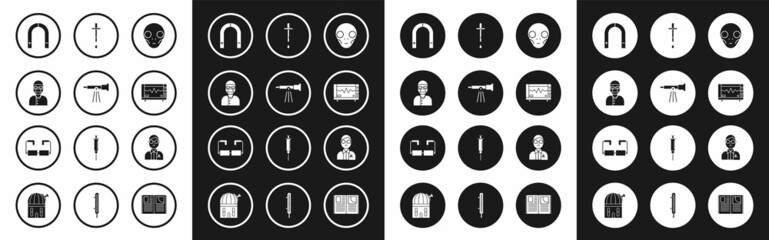 Set Extraterrestrial alien face, Telescope, Assistant, Magnet, Computer monitor with cardiogram, Pipette, Scientist and Glasses icon. Vector