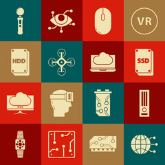 Set Global technology or social network, Video game console, SSD card, Computer mouse, Drone, Hard disk drive HDD, Gamepad and Cloud data transfer and storage icon. Vector