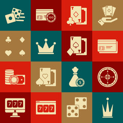 Set Crown, Casino roulette wheel, Credit card, Playing with diamonds, cards, Game dice and spades icon. Vector
