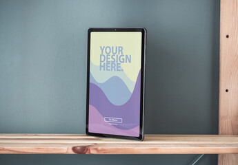 Digital Tablet Mockup Vertically on Wooden Shelf