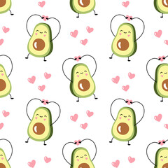 Cute cartoon avocado character, valentine's day. Seamless pattern for wrapping, fabric, wallpaper, texture.