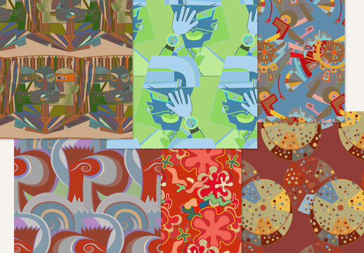 Set of Abstract Seamless Patterns with Cubism Art Elements and Graffiti Wall Style