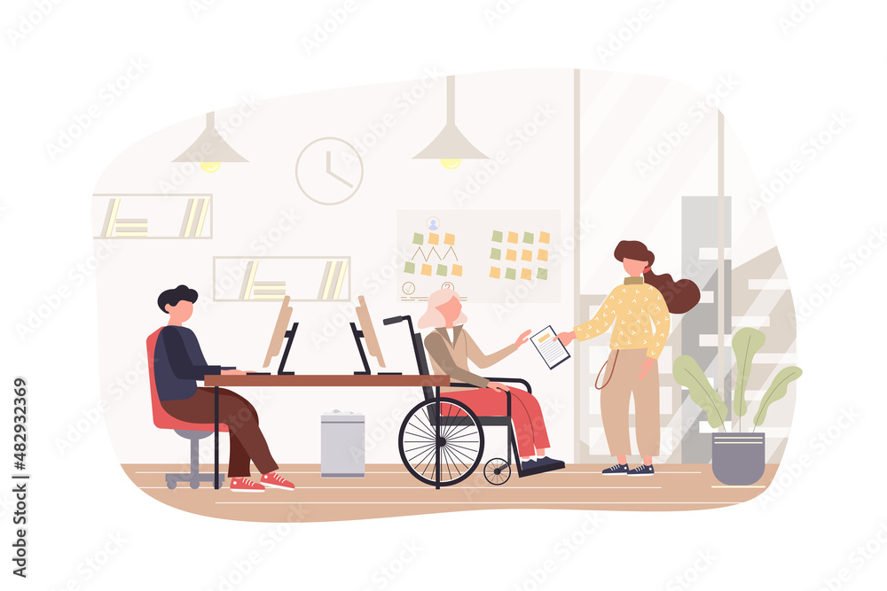 Poster Programmers working at office modern flat concept. Developers coding, discuss tasks. Handicapped person on wheelchair work in IT industry. Vector illustration with people scene for web banner design