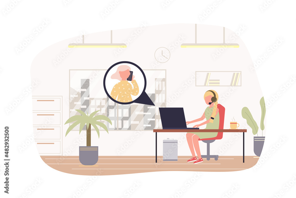 Poster Customer service and tech support modern flat concept. Woman operator answers clients call, consults and solves problems online at office. Vector illustration with people scene for web banner design
