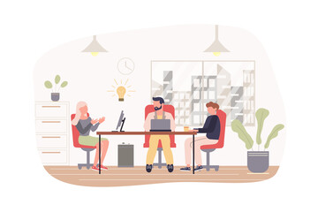 Teamwork at office modern flat concept. Employees team sitting in conference room, discuss tasks and create ideas for business development. Vector illustration with people scene for web banner design