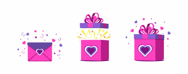 Fototapeta premium Valentines day. Gift boxes icons set with bow and confetti, love message envelope in trendy veri pery color.