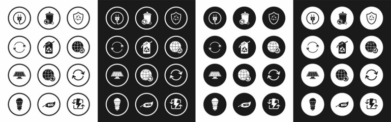 Set Recycle symbol inside shield, Tag with recycle, Electric plug, Planet earth and recycling, bin, Refresh and Solar energy panel icon. Vector