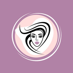 Beauty salon logo girl. Hairstyle and makeup. Beautiful curls.
