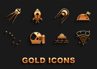 Set Astronaut helmet, Planet with flag, Black hole, Mars rover, Great Bear constellation, Satellite, and Rocket ship fire icon. Vector