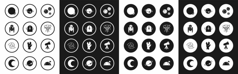 Set Planet, Alien, Robot, Black hole, Telescope and icon. Vector