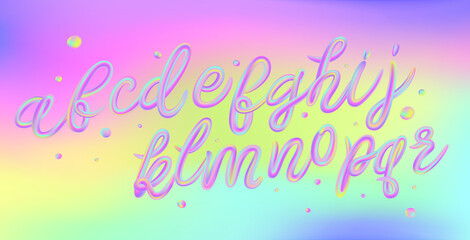 Alphabet set of iridescence holographic and multicolour 3d letters isolated on black background for poster, flyer, banner or design element. Psychedelic color typography. Vector.	