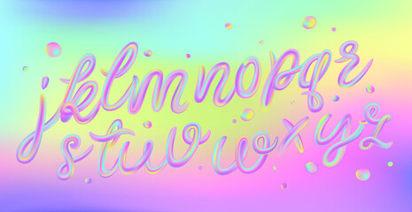 Alphabet set of iridescence holographic and multicolour 3d letters isolated on black background for poster, flyer, banner or design element. Psychedelic color typography. Vector.	