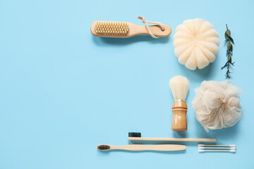 Composition with different bath supplies on color background