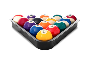 Rack with billiard balls on white background