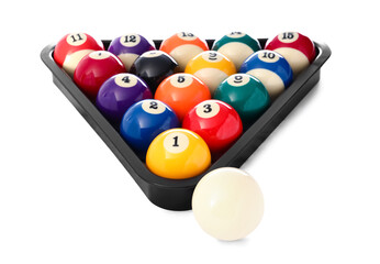 Rack with billiard balls on white background