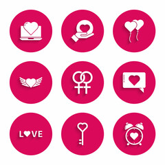 Set Female gender symbol, Key in heart shape, Heart the center alarm clock, Like and, Love text, with wings, Balloons form of and Laptop icon. Vector