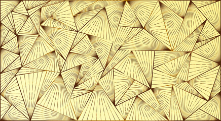 
Stylish graphic wallpaper on a light beige background. A combination of triangles of different sizes with a texture of golden lines and circles.