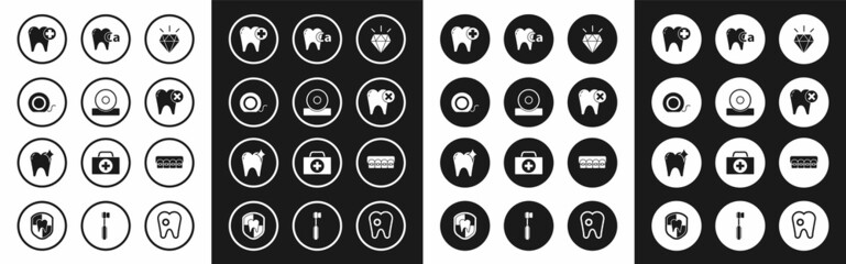 Set Diamond teeth, Otolaryngological head reflector, Dental floss, Tooth, with caries, Calcium for tooth, Teeth braces and whitening concept icon. Vector