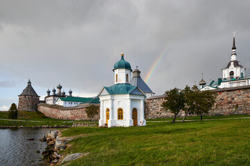 Russia. Solovki. Solovetsky Monastery. Rainbow over the monastery