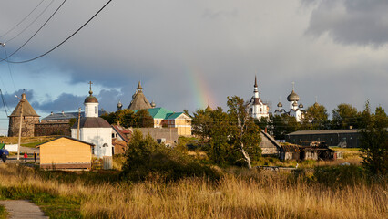 Russia. Solovki. Solovetsky Islands. Rainbow over the monastery