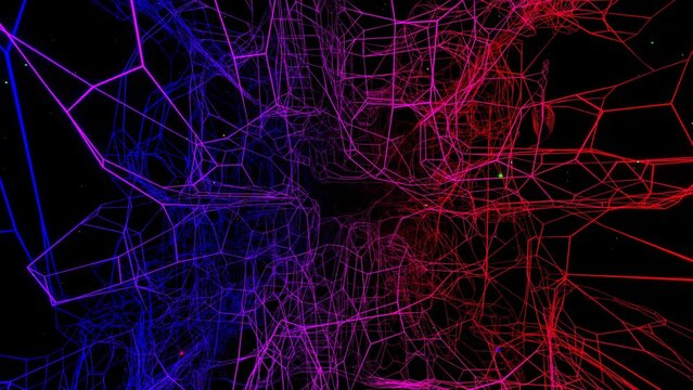 Vj loop fly through 3d space with complex net structure, neon light. Sci fi bg, hi tech plexus, futuristic frames with neon light on it. Concept of information data flow. 3d looped motion design bg