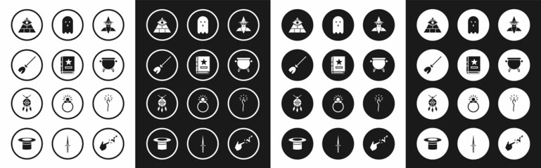Set Wizard warlock, Ancient magic book, Witches broom, Masons, cauldron, Ghost, Magic staff and Dream catcher with feathers icon. Vector