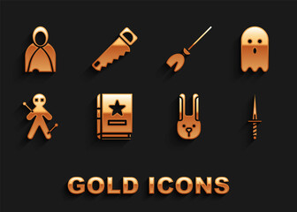 Set Ancient magic book, Ghost, Dagger, Rabbit with ears, Voodoo doll, Witches broom, Mantle, cloak, cape and Hand saw icon. Vector