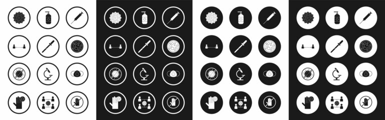 Set Syringe, Pipette, Safe distance, Virus, Bottle of liquid antibacterial soap, Medical protective mask and Stop virus icon. Vector