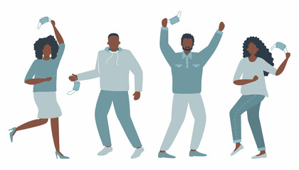 Obraz premium Pandemic end. Black people excitement. Taking off the masks. Four happy people without face masks. Vector illustration