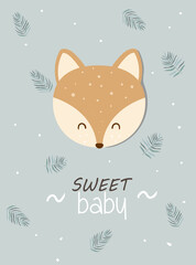 Vector illustration baby greeting card with cute head fox